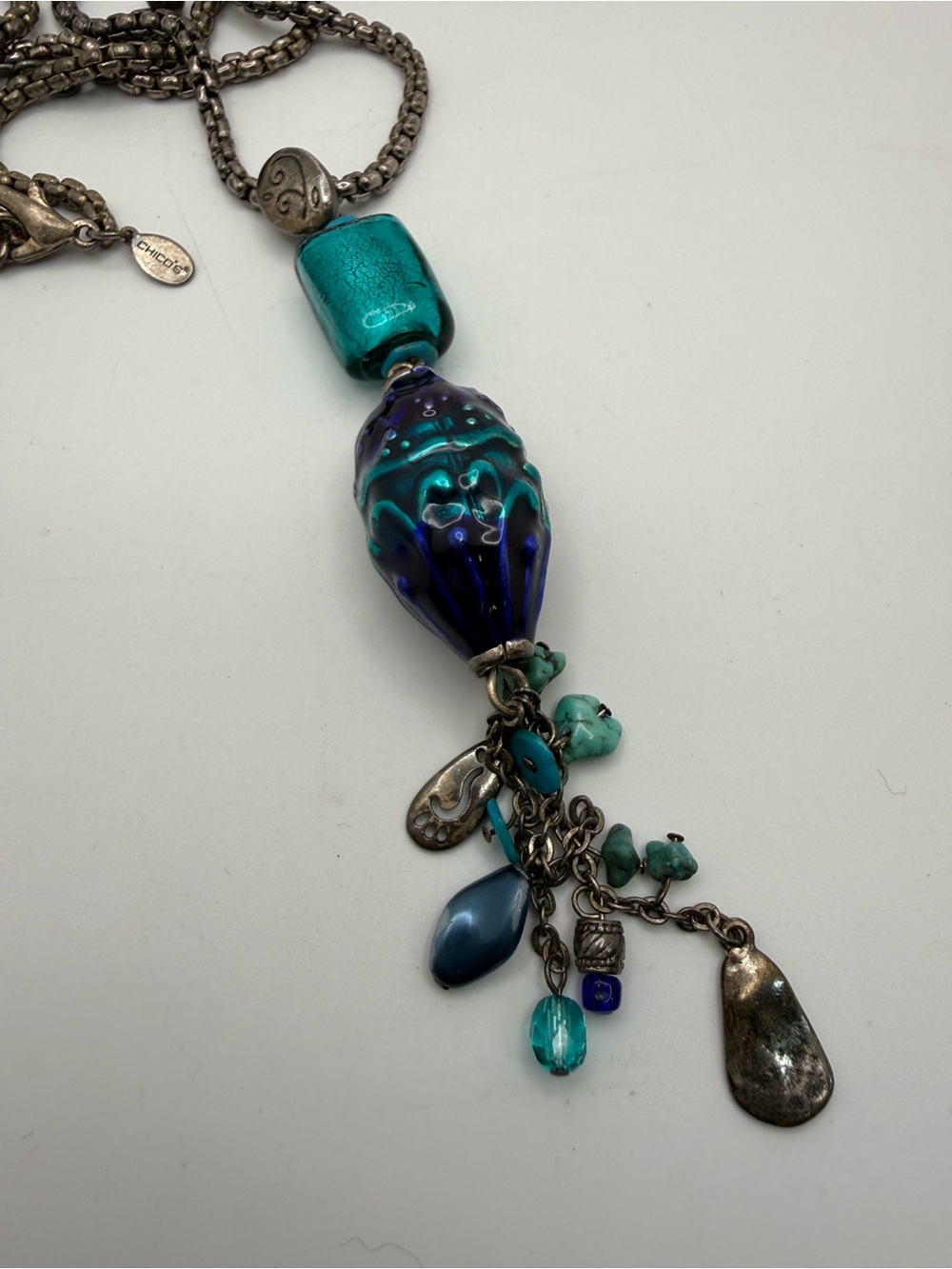 Chico's Teal and Blue Glass Bead Pendant Necklace